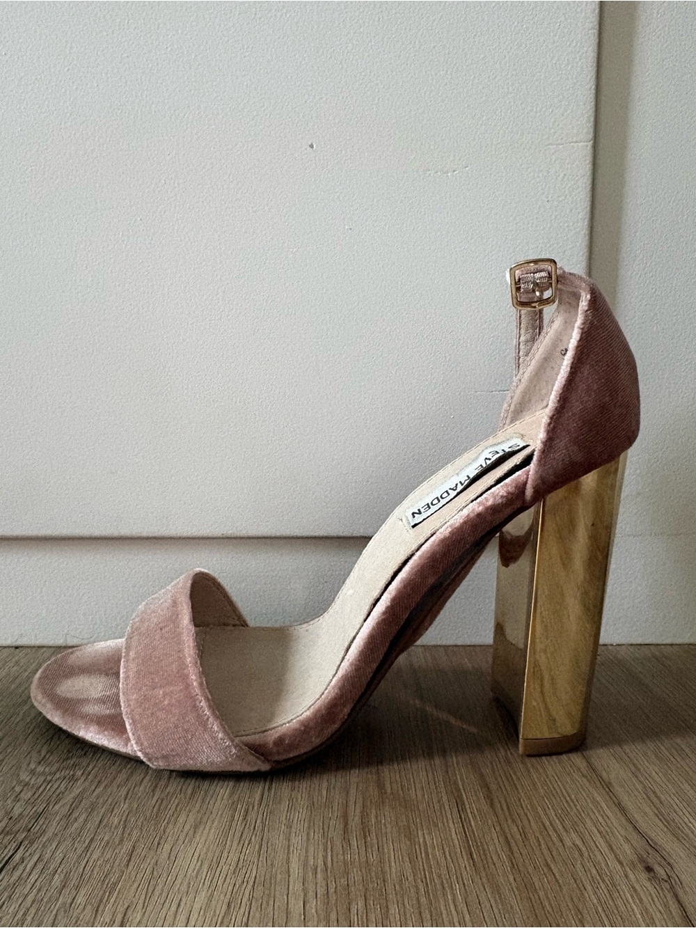 Steve Madden Blush Velvet Ankle-Strap Heel with Gold Block